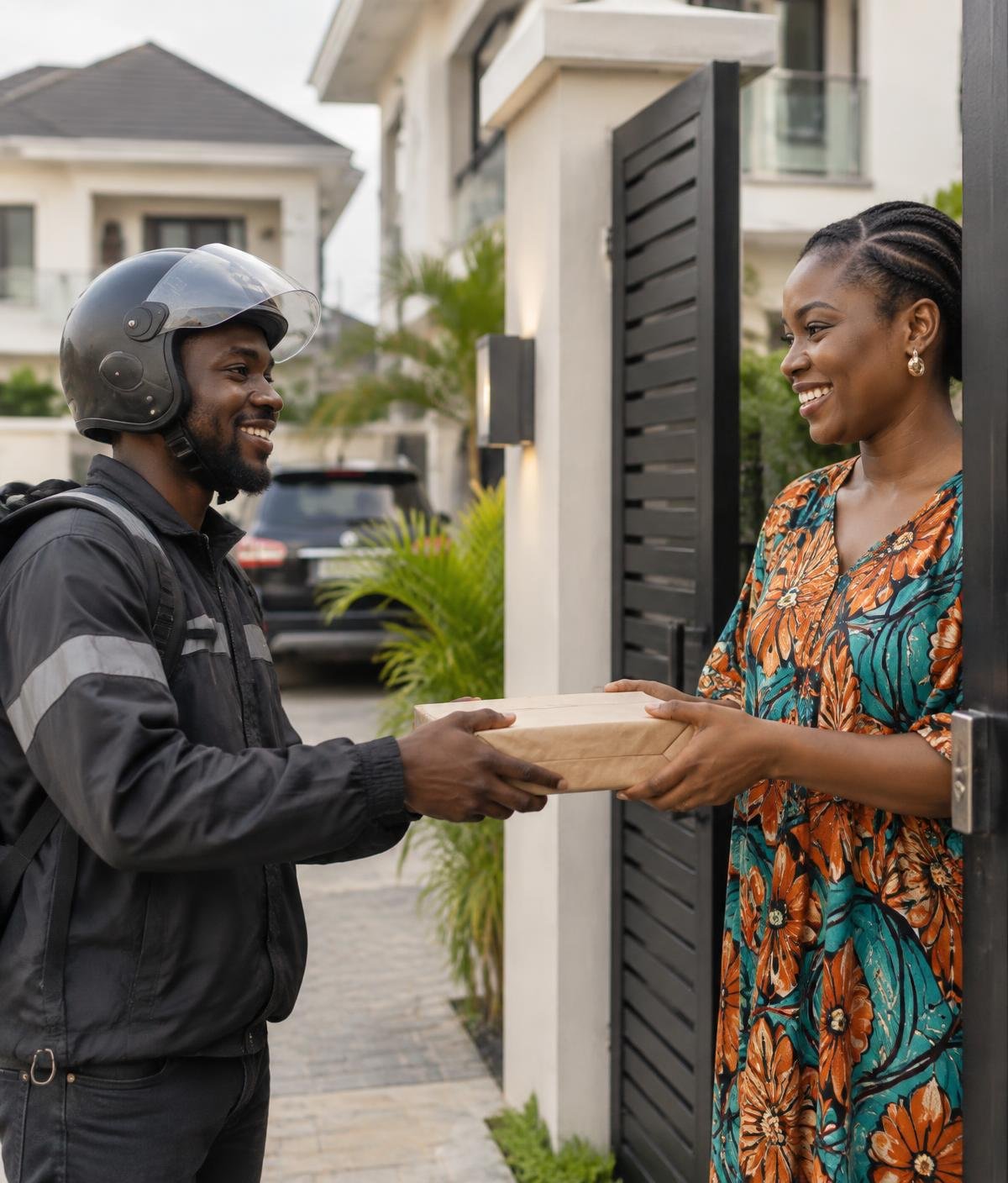A WorkAbeg errand provider handing a package to a customer in Lagos