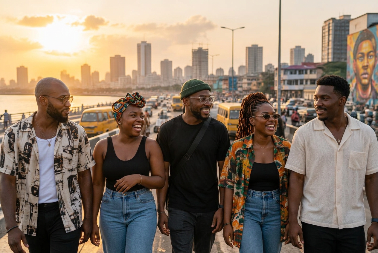 Young Nigerians walking together in Lagos at sunset